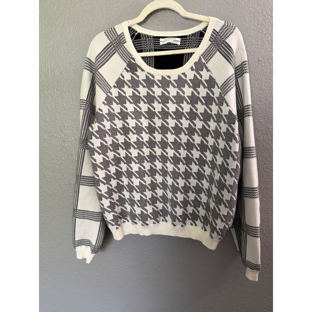 Anthropologie Mixed Houndstooth Grid Print Sweater Black White XL‎ Long Sleeve